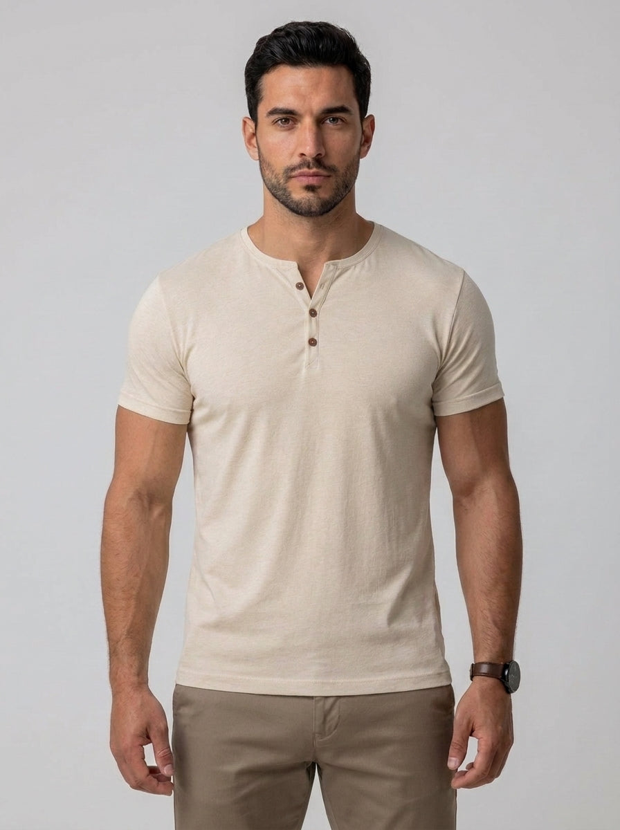 Arthur Muscle Fit Grandad Collar T-Shirt in Khaki - front view worn with chinos