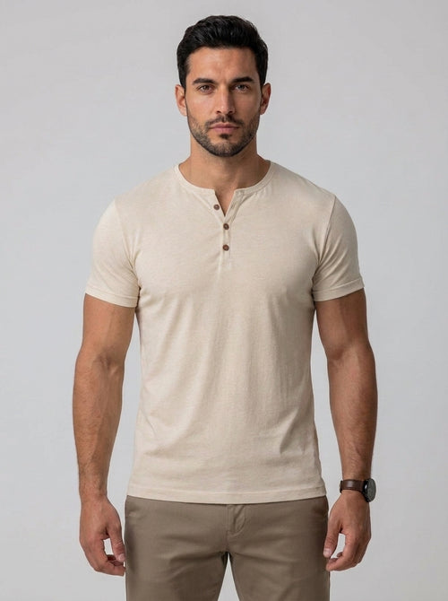 Arthur Muscle Fit Grandad Collar T-Shirt in Khaki - front view worn with chinos