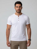 Arthur Muscle Fit Grandad Collar T-Shirt in White - front view showing the collarless neckline and button placket