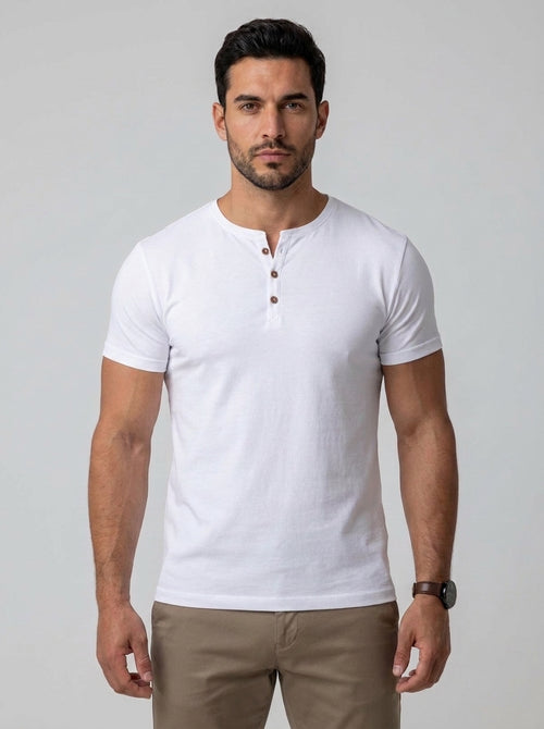 Arthur Muscle Fit Grandad Collar T-Shirt in White - front view showing the collarless neckline and button placket
