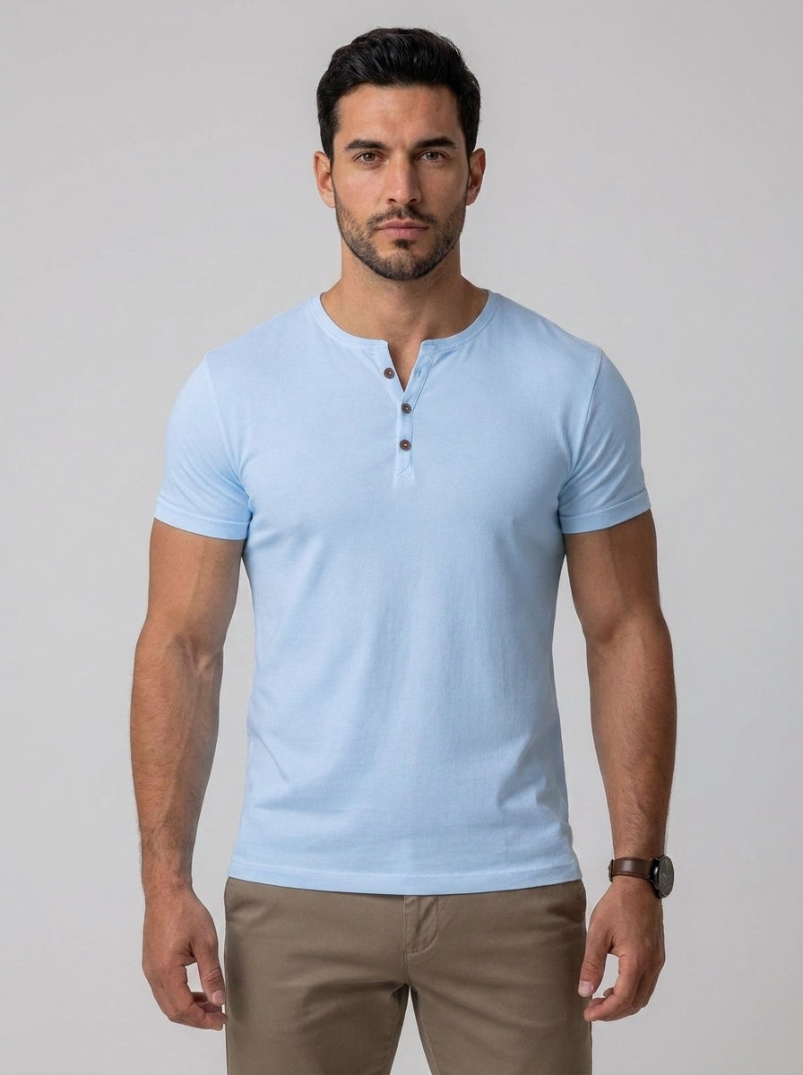 Arthur Muscle Fit Grandad Collar T-Shirt in Blue - front view worn with chinos