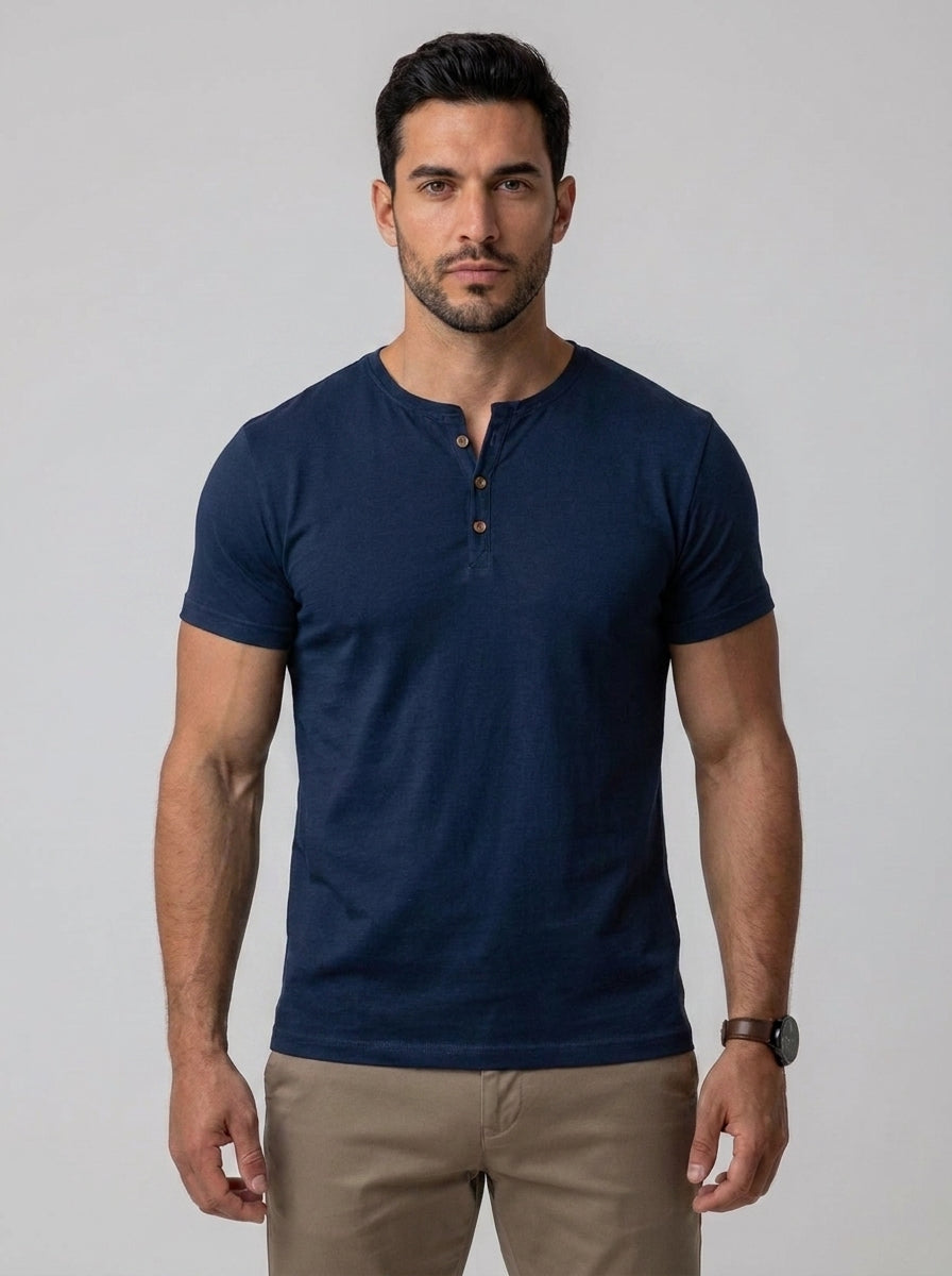 Arthur Muscle Fit Grandad Collar T-Shirt in Marine Blue - front view worn with chinos