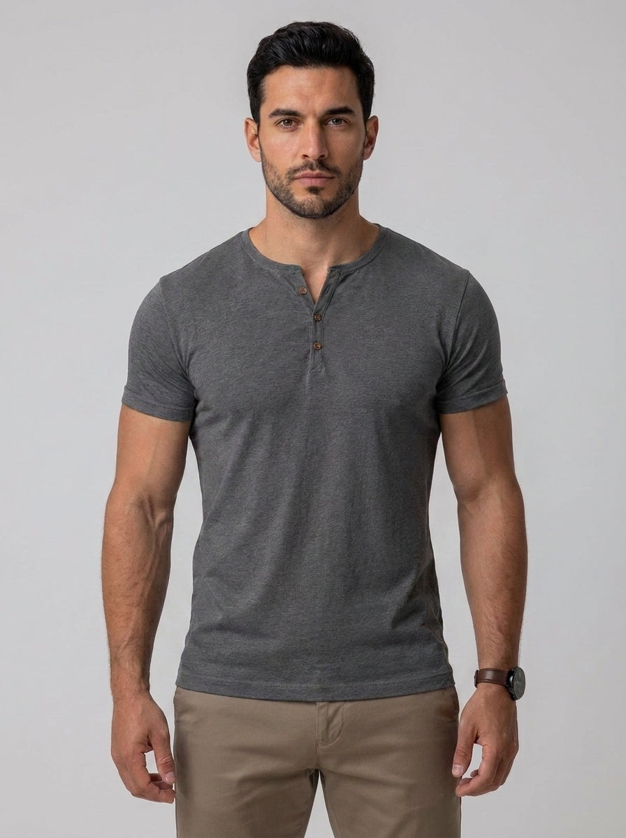Arthur Muscle Fit Grandad Collar T-Shirt in Grey - front view worn with chinos