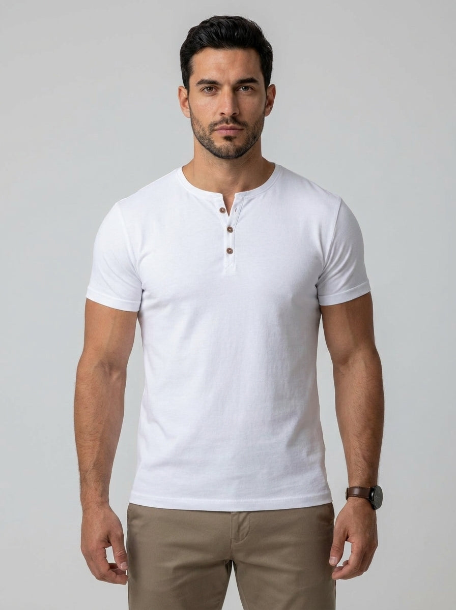 Arthur Muscle Fit Grandad Collar T-Shirt in White - front view worn with chinos
