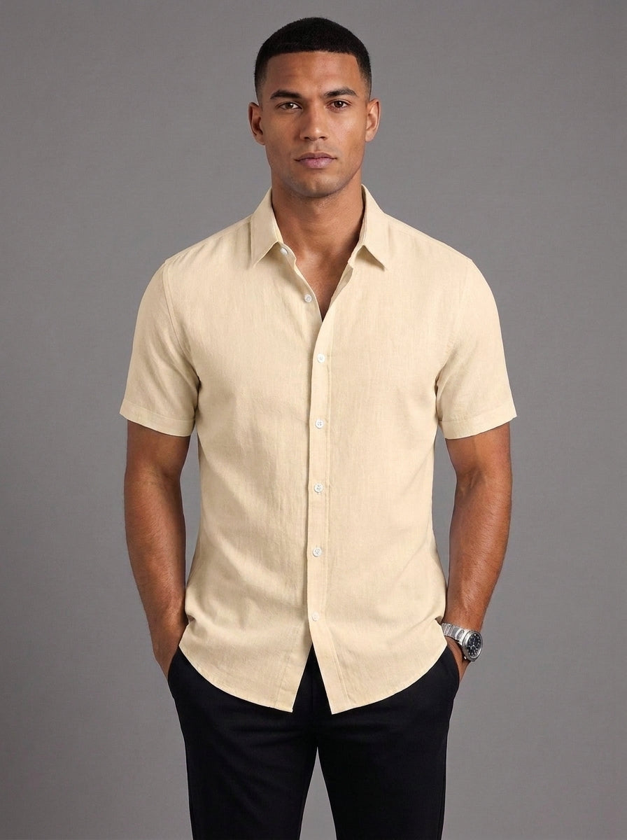Oliver Slim Fit Short Sleeve Shirt in Golden - front view worn with black trousers