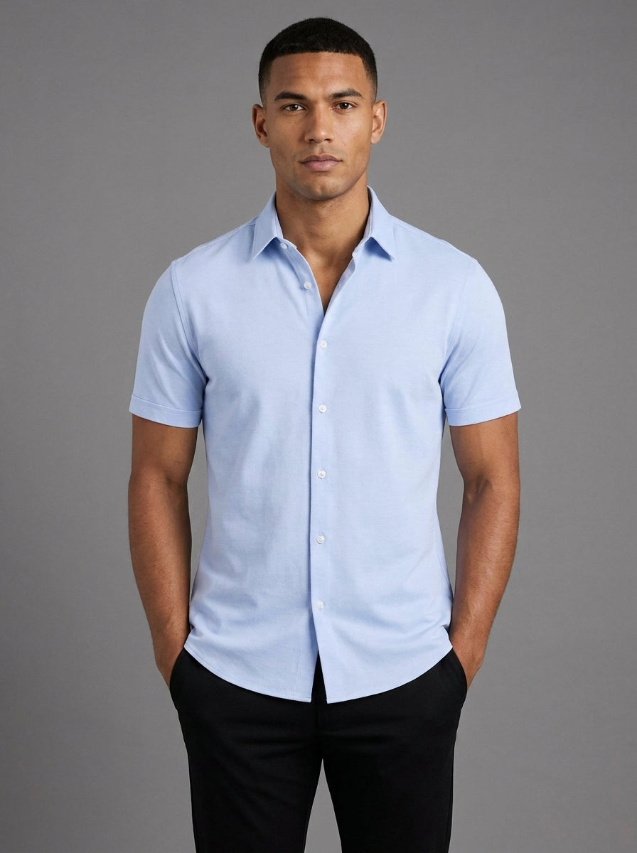 Oliver Slim Fit Short Sleeve Shirt in Light Blue - front view worn with black trousers