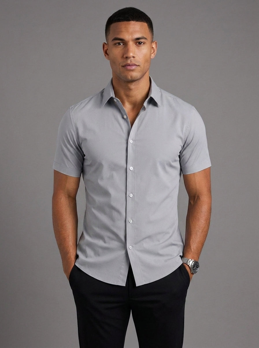 Oliver Slim Fit Short Sleeve Shirt in Grey - front view worn with black trousers
