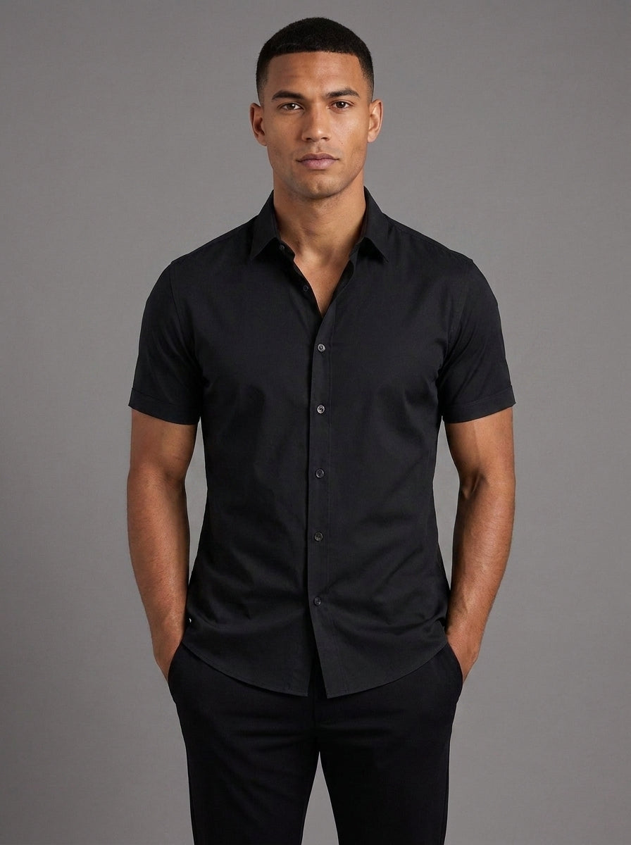 Oliver Slim Fit Short Sleeve Shirt in Black - front view worn with black trousers