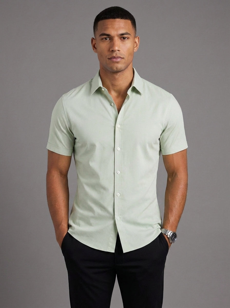 Oliver Slim Fit Short Sleeve Shirt in Light Green - front view worn with black trousers