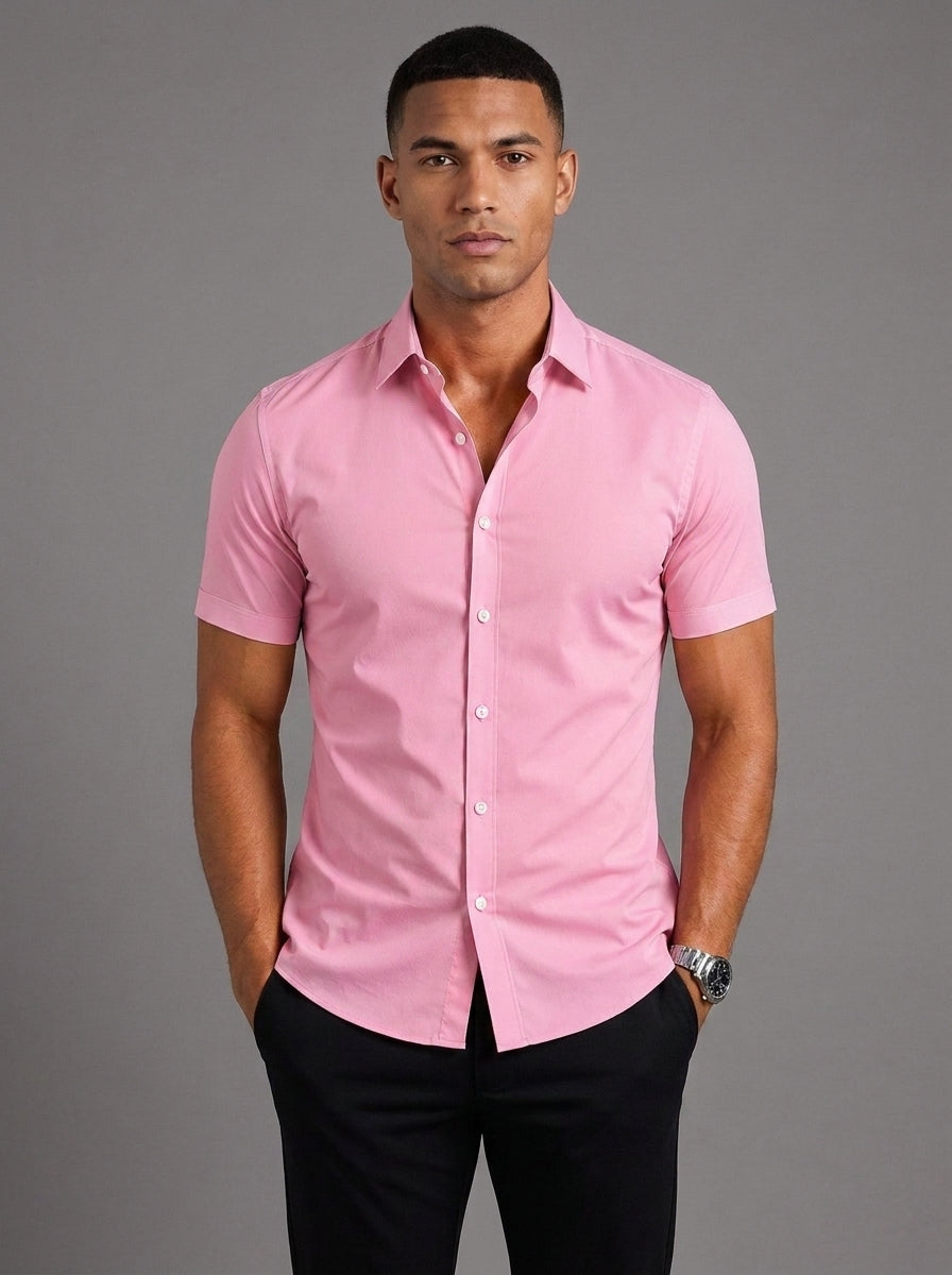 Oliver Slim Fit Short Sleeve Shirt in Pink - front view worn with black trousers