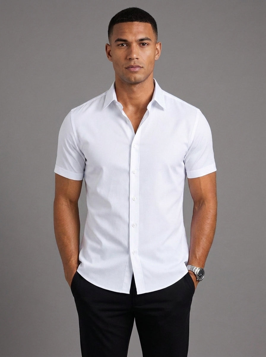 Oliver Slim Fit Short Sleeve Shirt in White - front view worn with black trousers