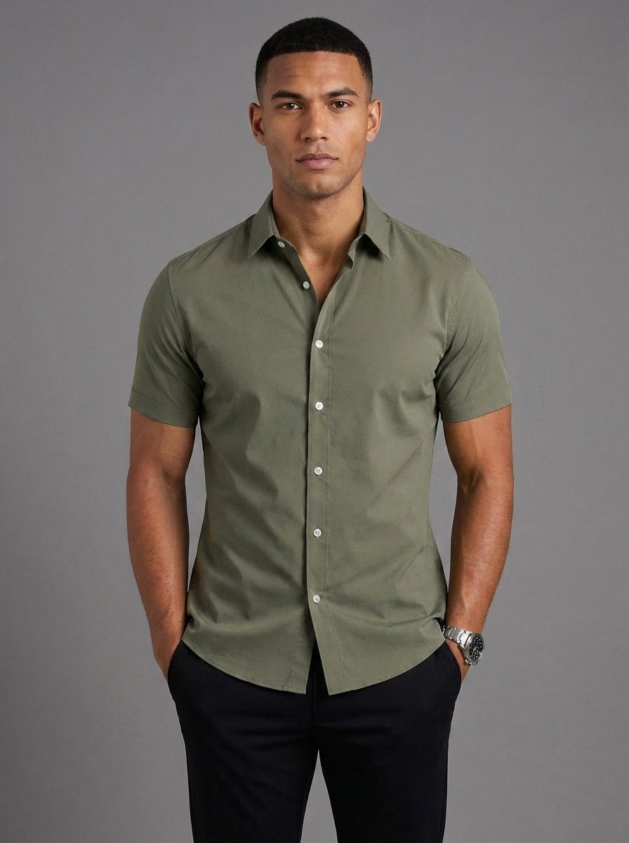 Oliver Slim Fit Short Sleeve Shirt in Army Green - front view worn with black trousers