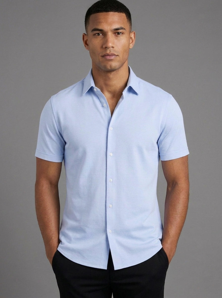 Oliver Slim Fit Short Sleeve Shirt in Light Blue - front view showing the classic collar and button front