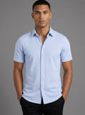 Oliver Slim Fit Short Sleeve Shirt in Light Blue - front view showing the classic collar and button front