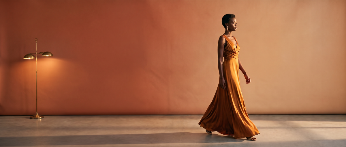 Model walking across a warm terracotta studio in an amber silk gown beside a brass floor lamp