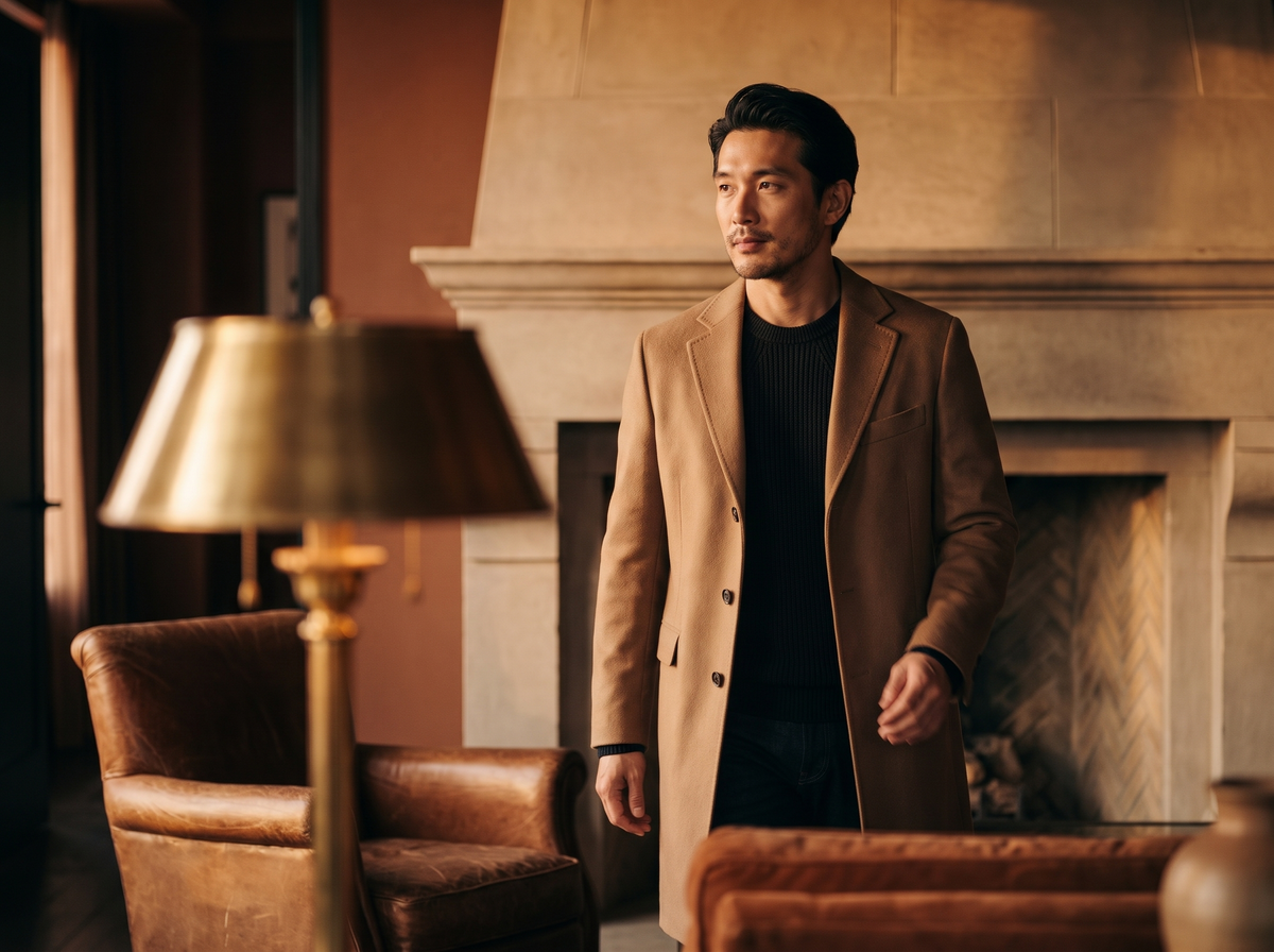 Man in a camel wool coat walking through a warm lounge set with a brass lamp and stone fireplace