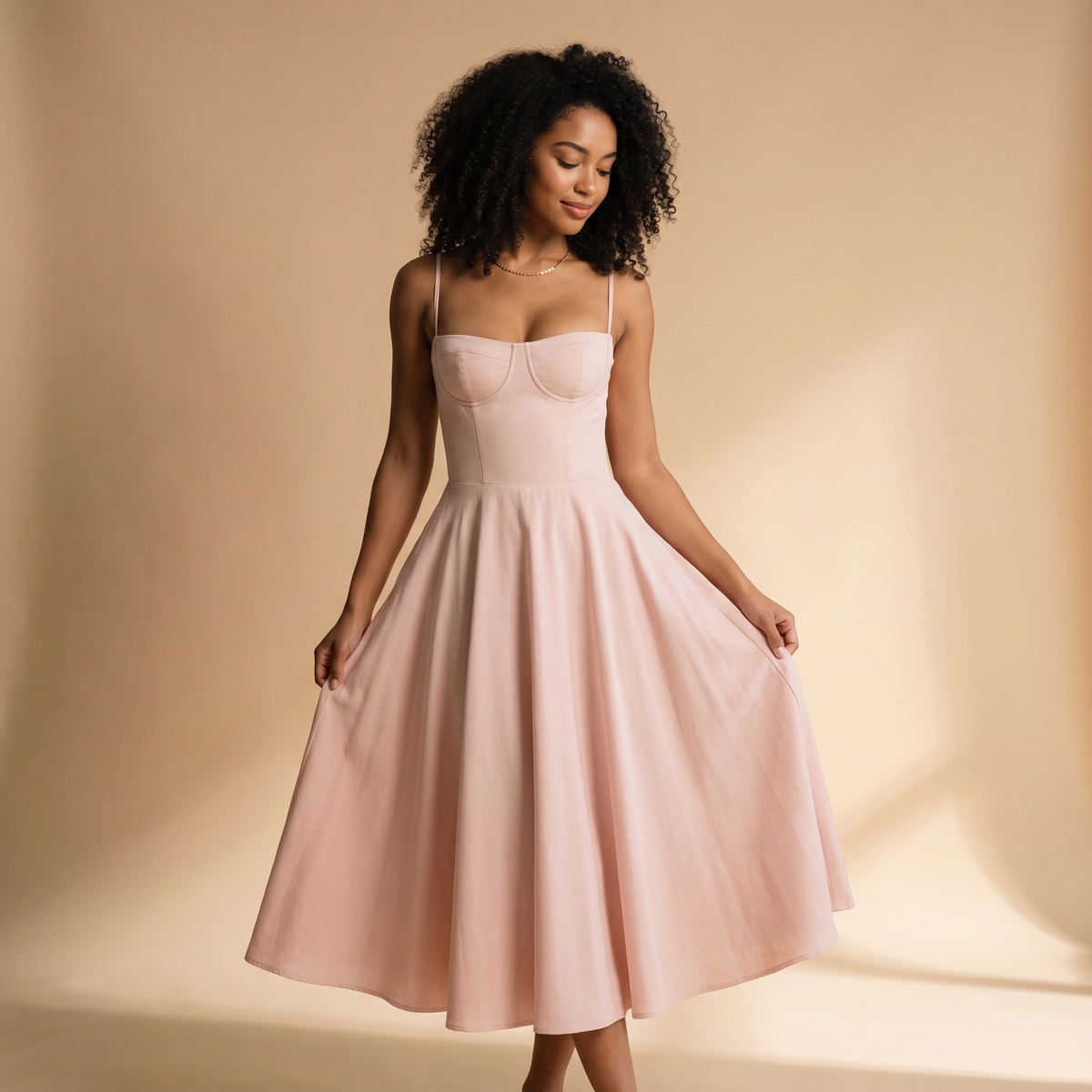 Model holding the skirt of the blush corset midi dress on a warm sand studio backdrop