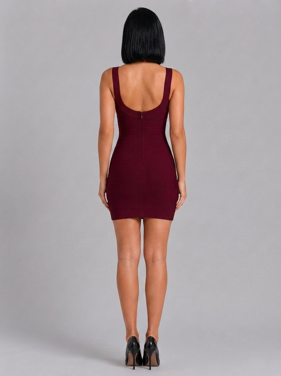 Ruby Sculpted Bodycon Mini Dress in Burgundy - back view showing the scoop back and zip