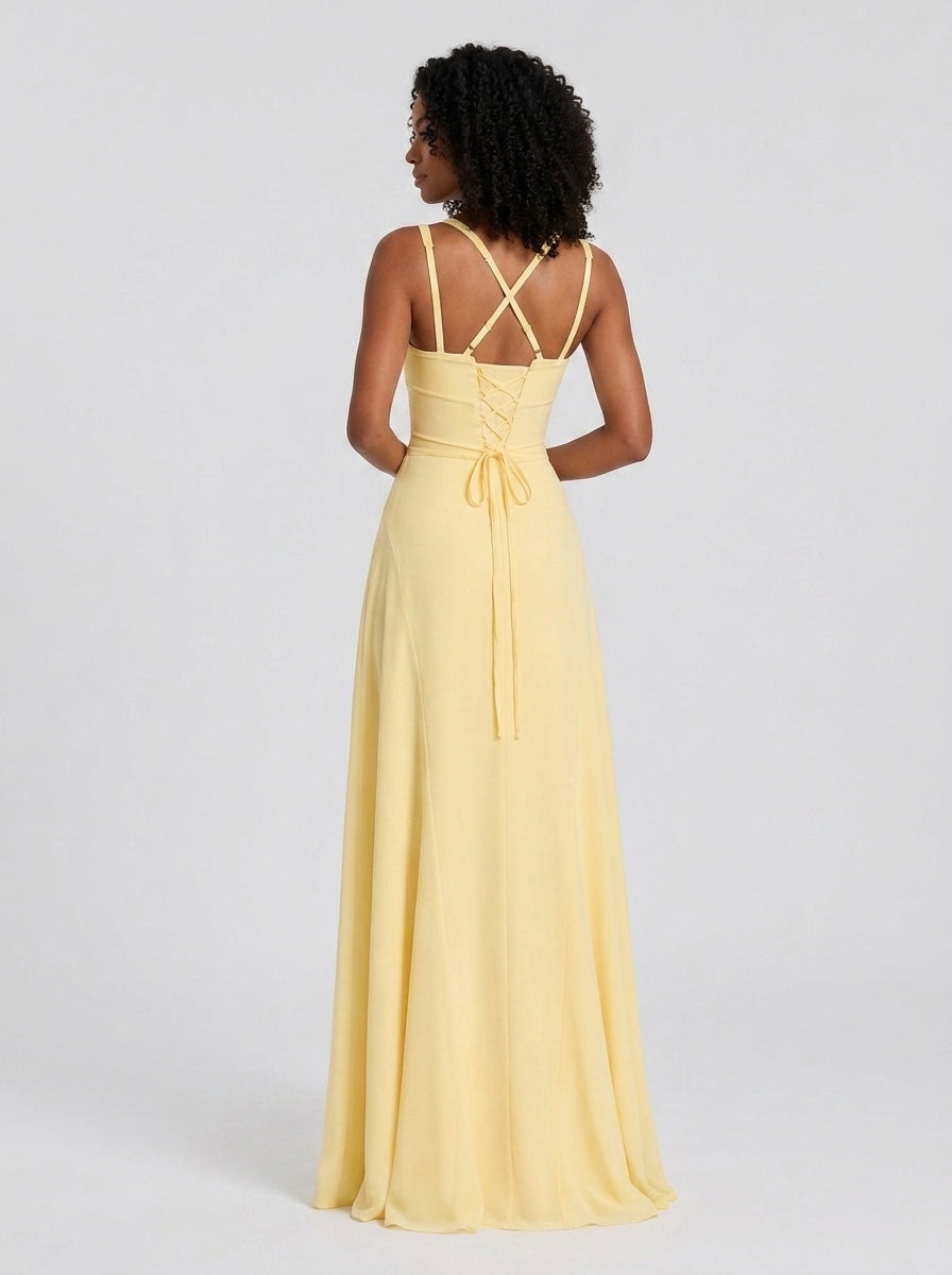 Eleanor Lace-Up Chiffon Maxi Dress in Lemon - back view showing the lace-up tie and cross straps