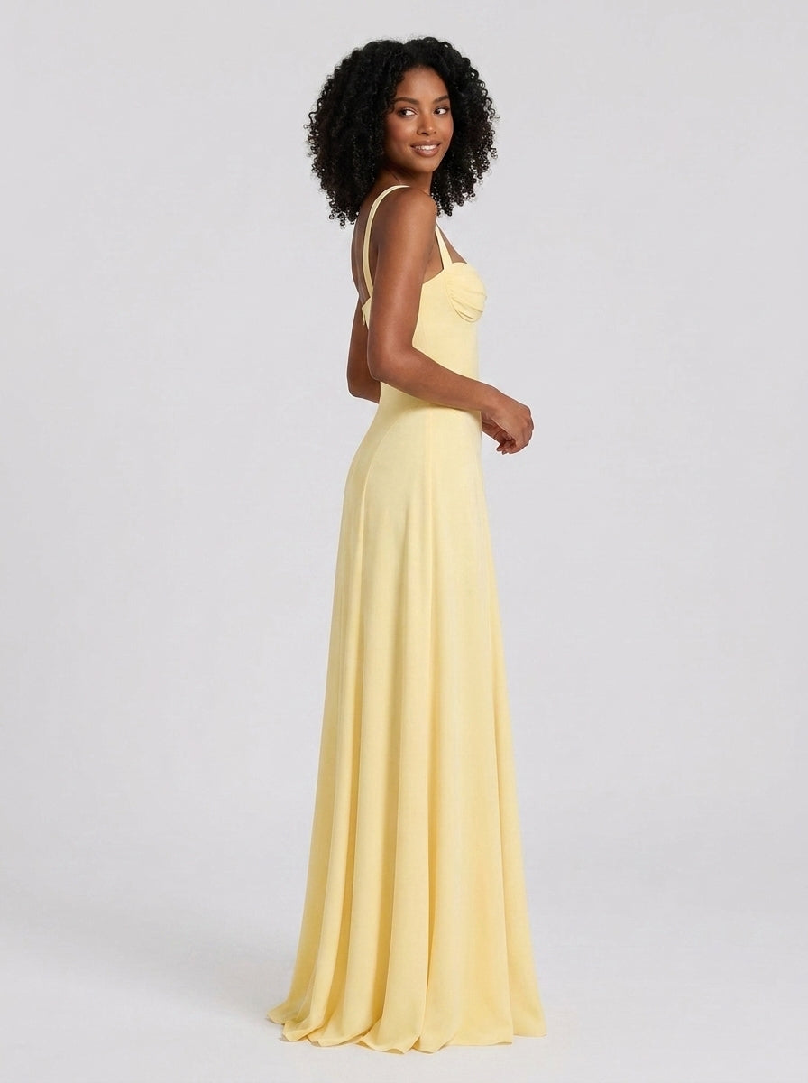 Eleanor Lace-Up Chiffon Maxi Dress in Lemon - side view showing the flared skirt