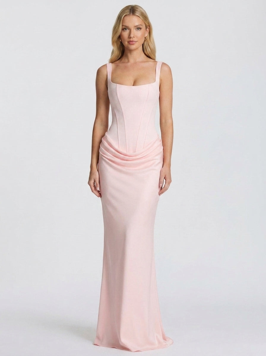 Jackie Ruched Corset Maxi Dress in Blush - full-length front view