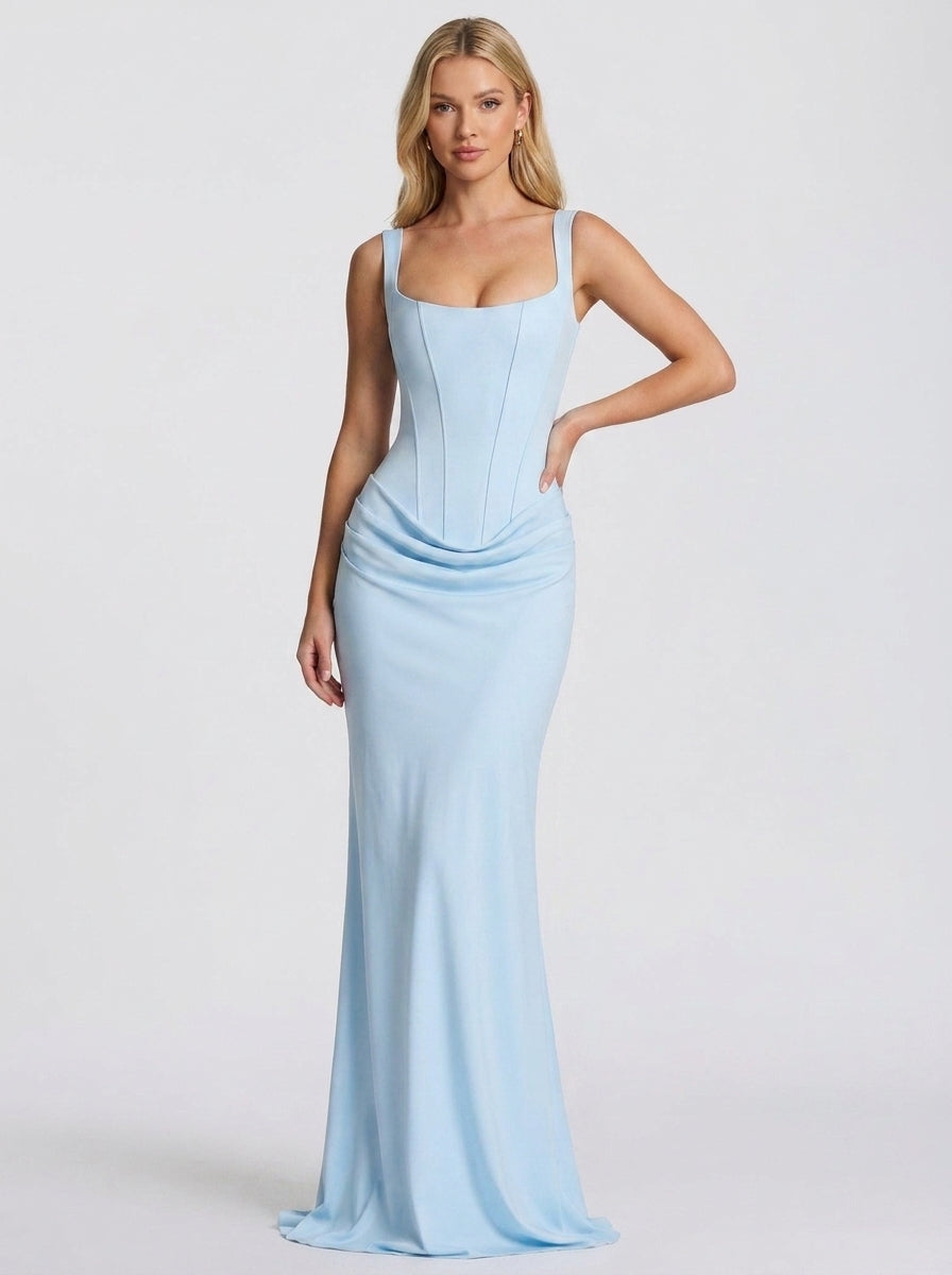Jackie Ruched Corset Maxi Dress in Baby Blue - full-length front view
