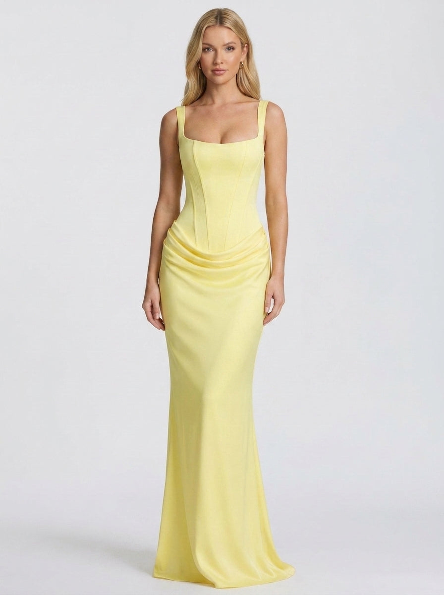 Jackie Ruched Corset Maxi Dress in Lemon - full-length front view