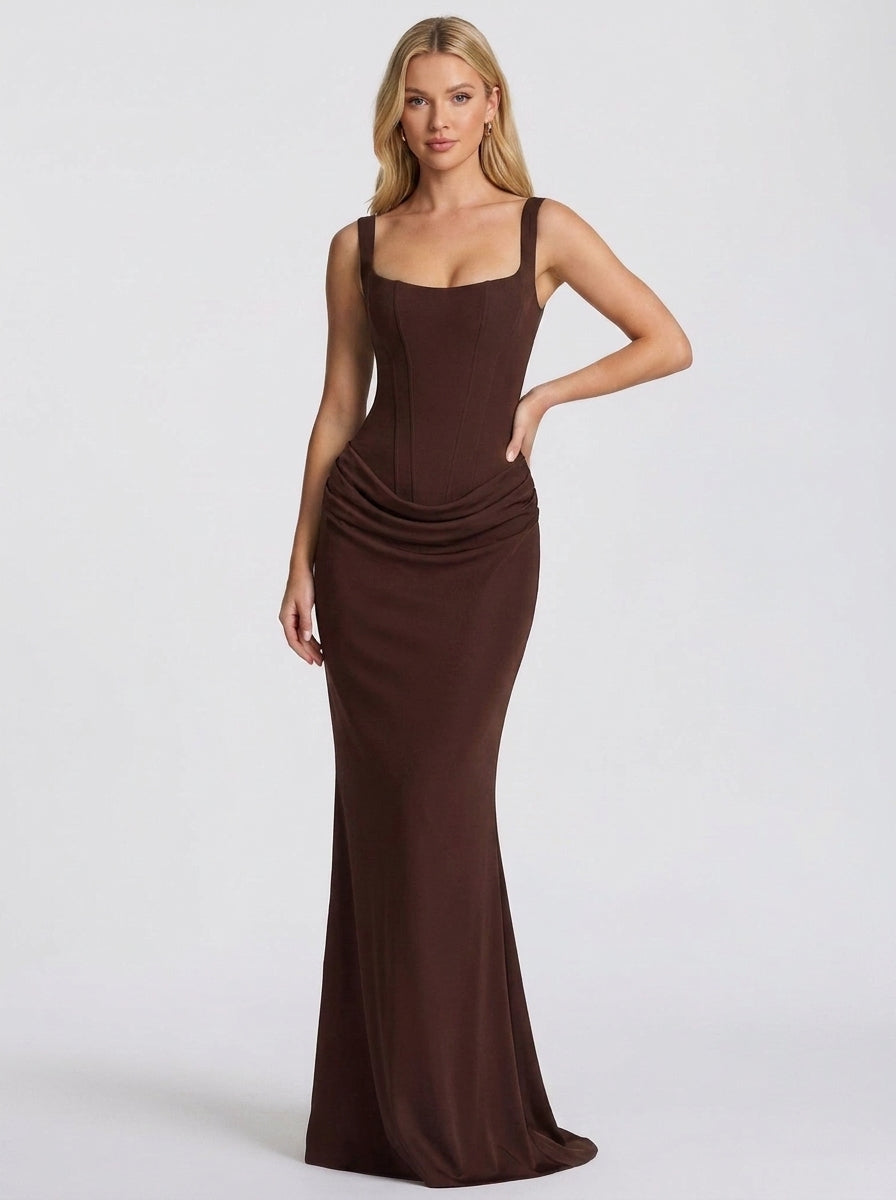 Jackie Ruched Corset Maxi Dress in Brown - full-length front view
