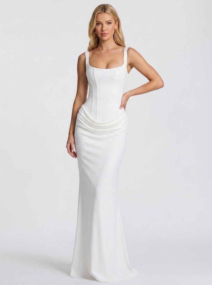 Jackie Ruched Corset Maxi Dress in White - full-length front view