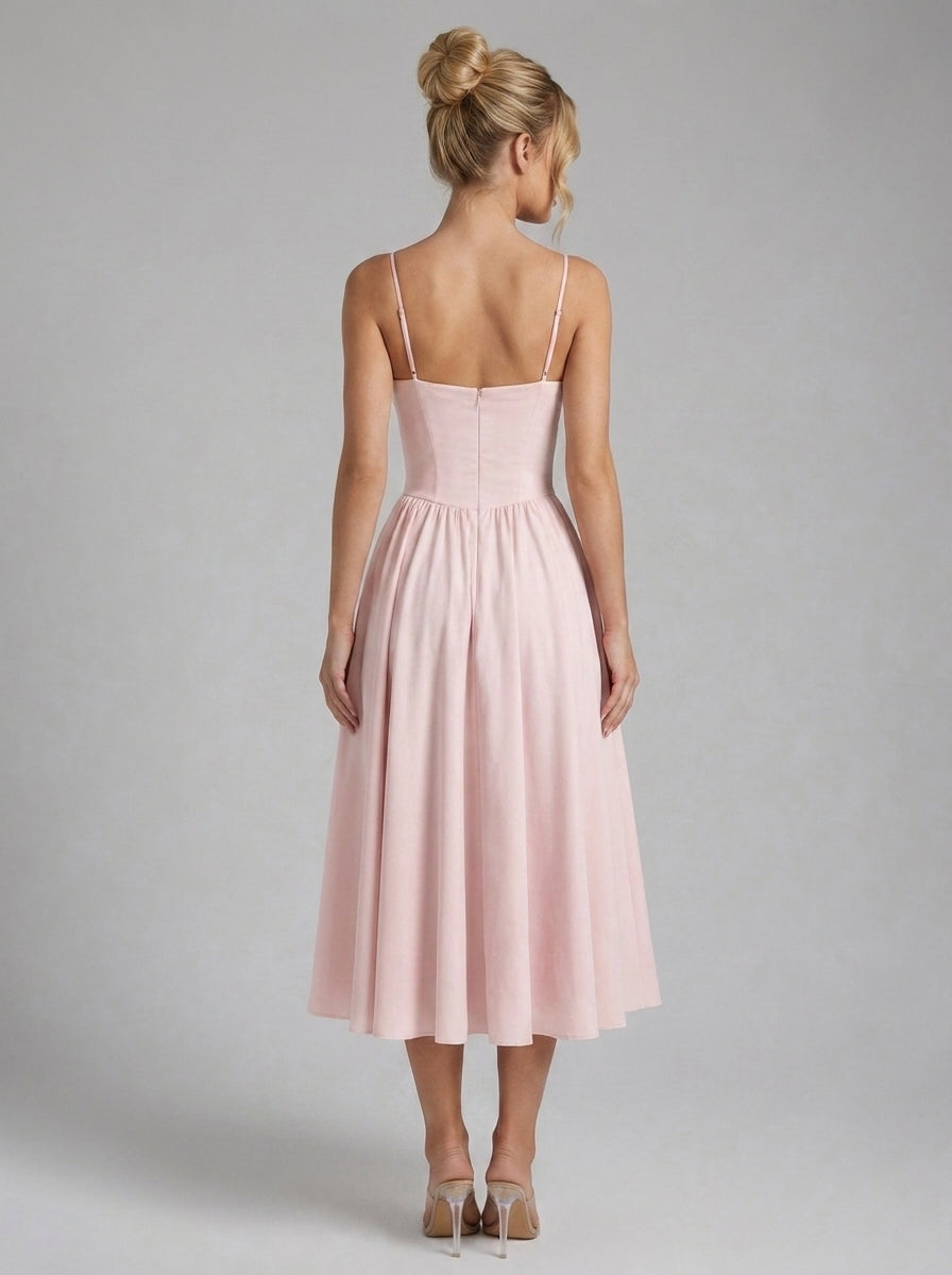 Beatrice Full Skirt Corset Midi Dress in Blush - back view