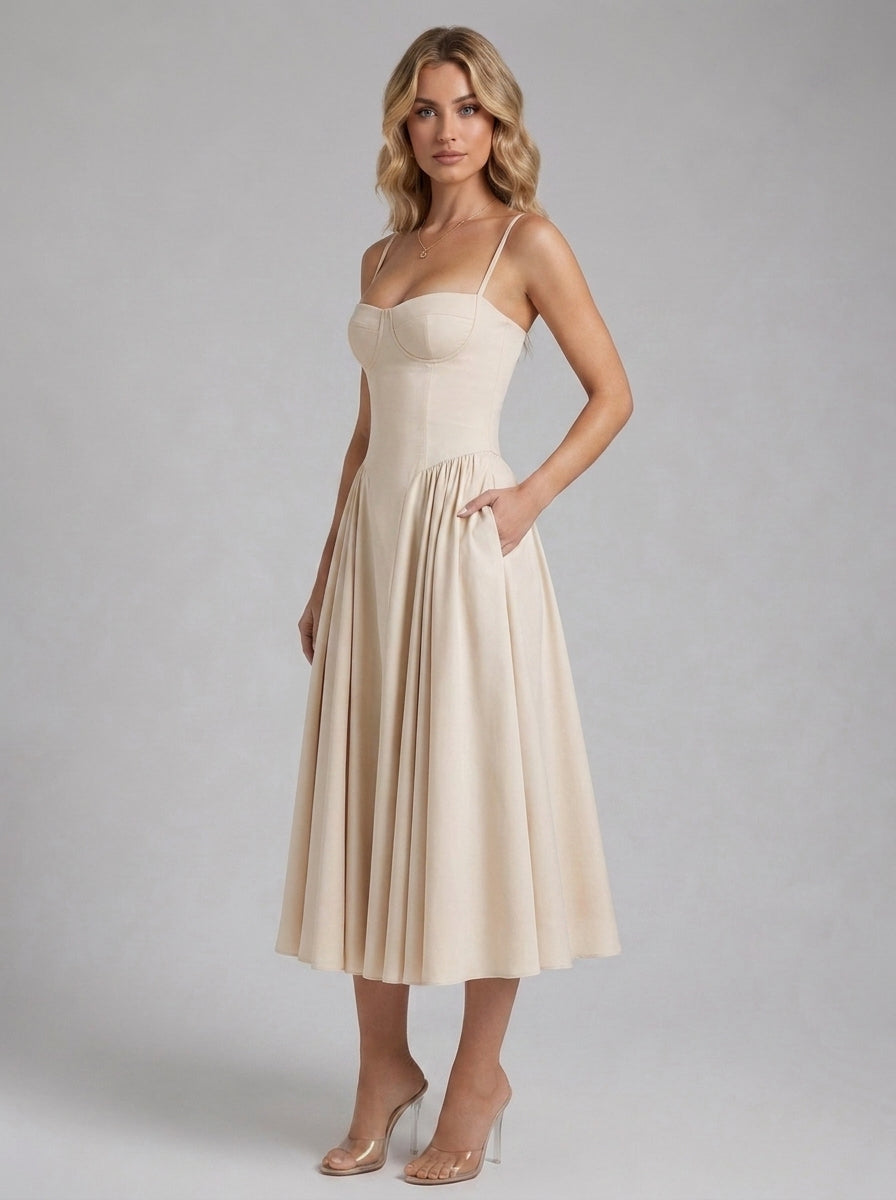 Beatrice Full Skirt Corset Midi Dress in Ivory - front view with hands in the side pockets