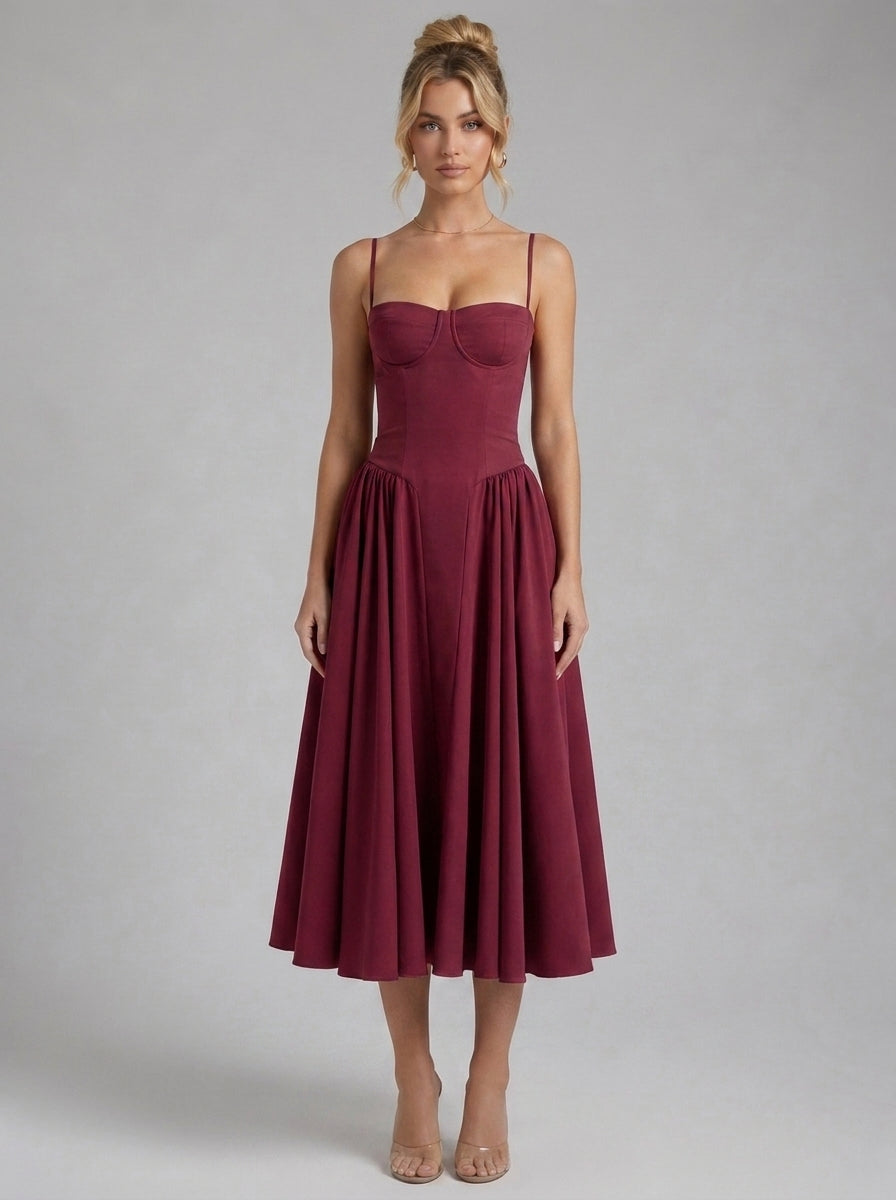 Beatrice Full Skirt Corset Midi Dress in Cherry Red - full-length front view