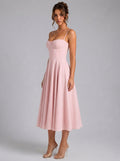 Beatrice Full Skirt Corset Midi Dress in Blush - three-quarter view