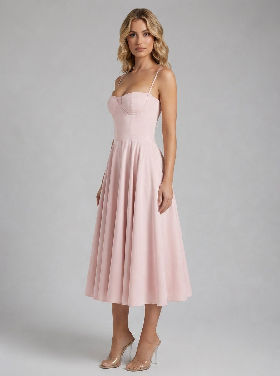 Beatrice Full Skirt Corset Midi Dress in Blush - full-length front view