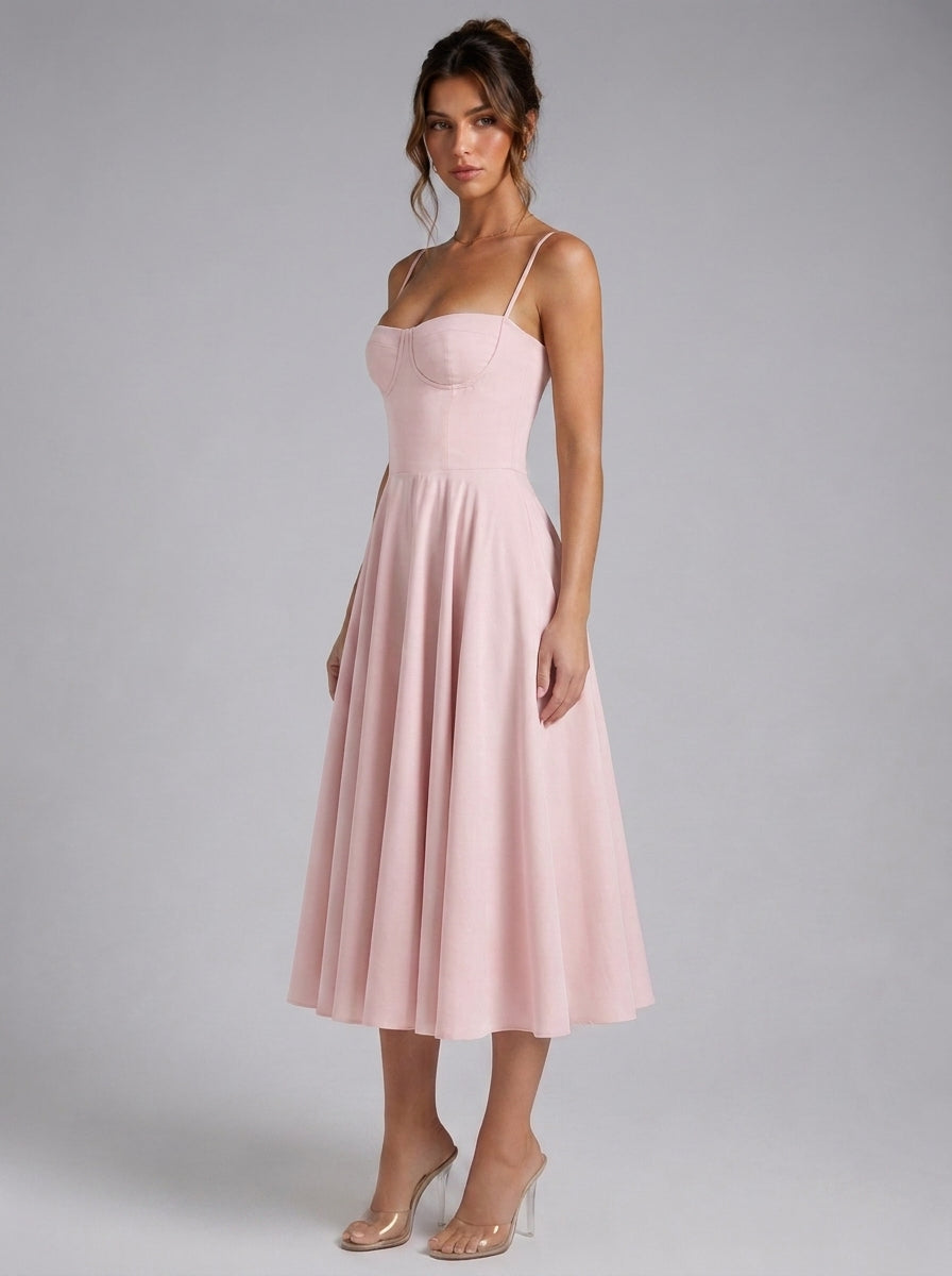 Beatrice Full Skirt Corset Midi Dress in Blush - front view of the corset bodice and gathered skirt