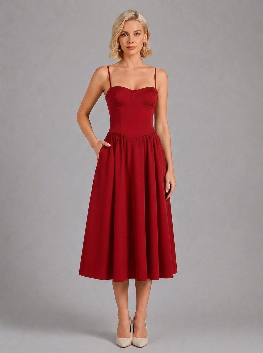 Florence Drop Waist Corset Midi Dress in plain Red - full-length front view