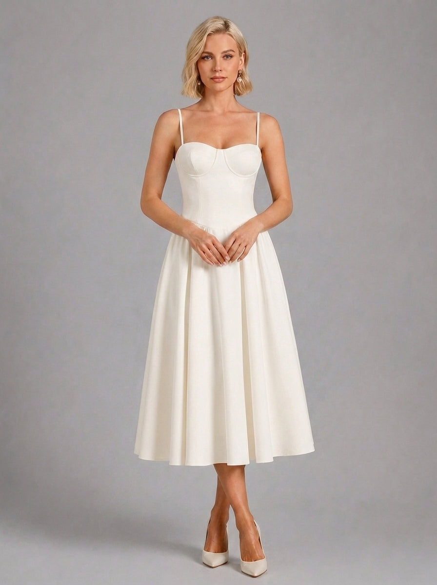 Florence Drop Waist Corset Midi Dress in plain Cream - full-length front view