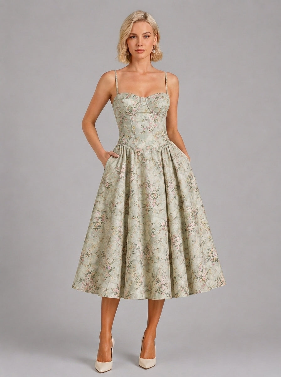 Florence Drop Waist Corset Midi Dress in Green Floral - front view with hands in the side pockets