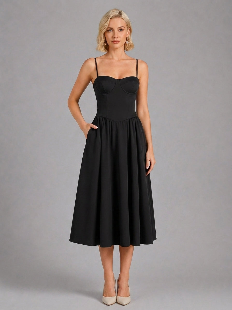 Florence Drop Waist Corset Midi Dress in plain Black - full-length front view