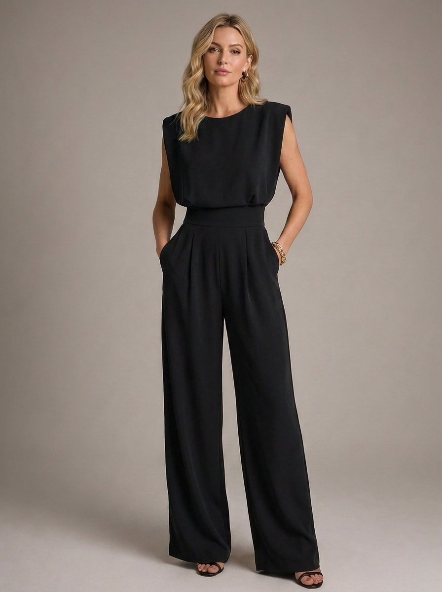 Charlotte Sleeveless Pleated Wide Leg Jumpsuit in Black - full-length front view