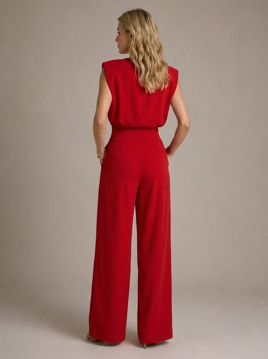 Charlotte Sleeveless Pleated Wide Leg Jumpsuit in Red - back view
