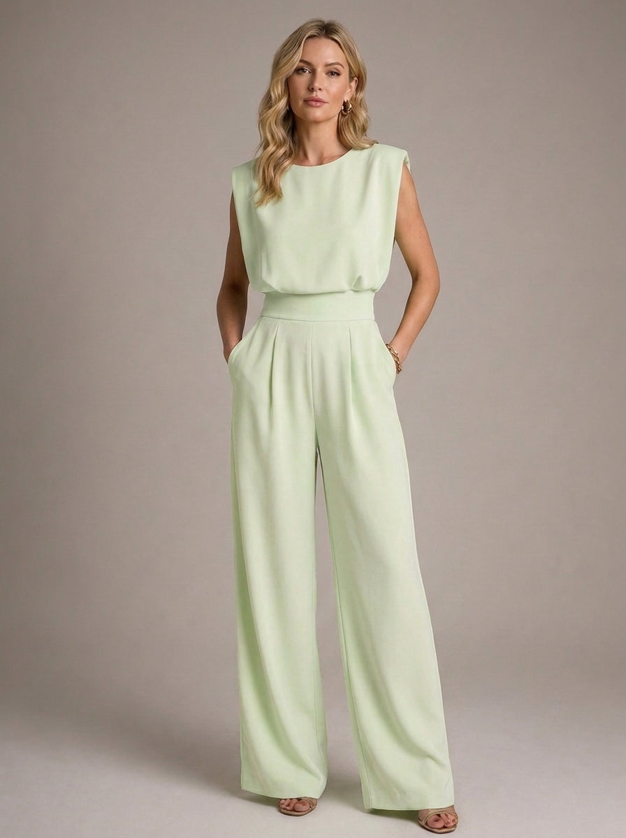 Charlotte Sleeveless Pleated Wide Leg Jumpsuit in Green - full-length front view
