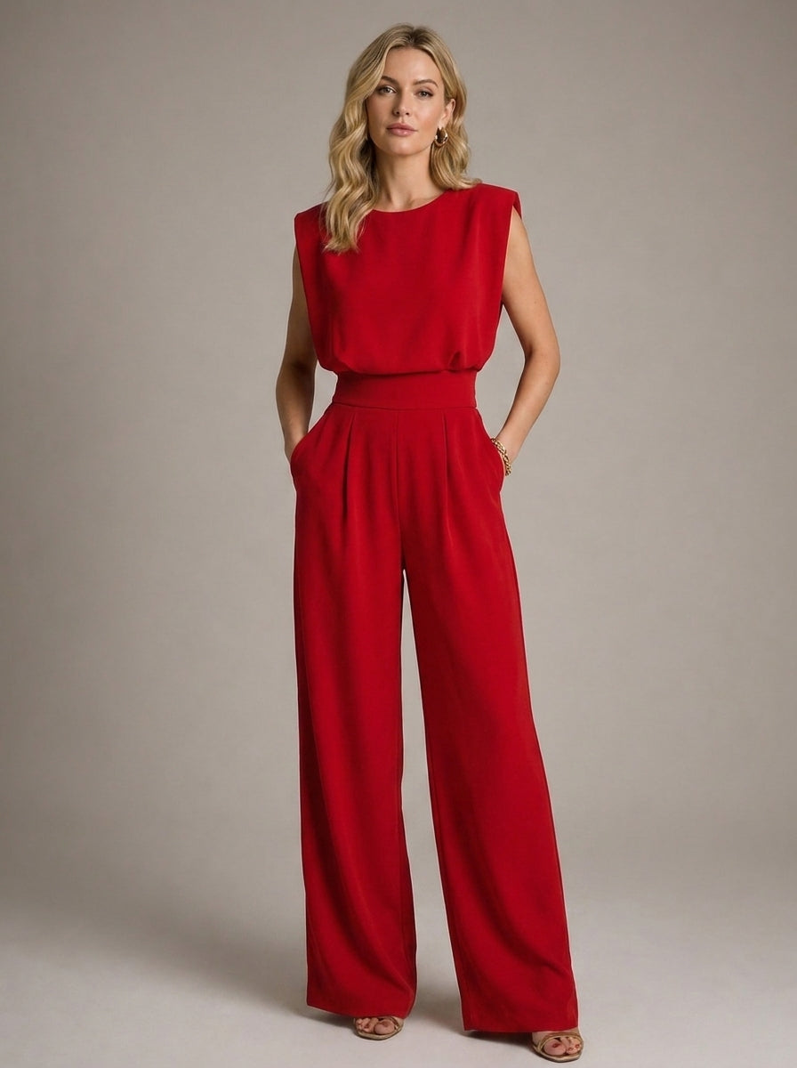 Charlotte Sleeveless Pleated Wide Leg Jumpsuit in Red - full-length front view
