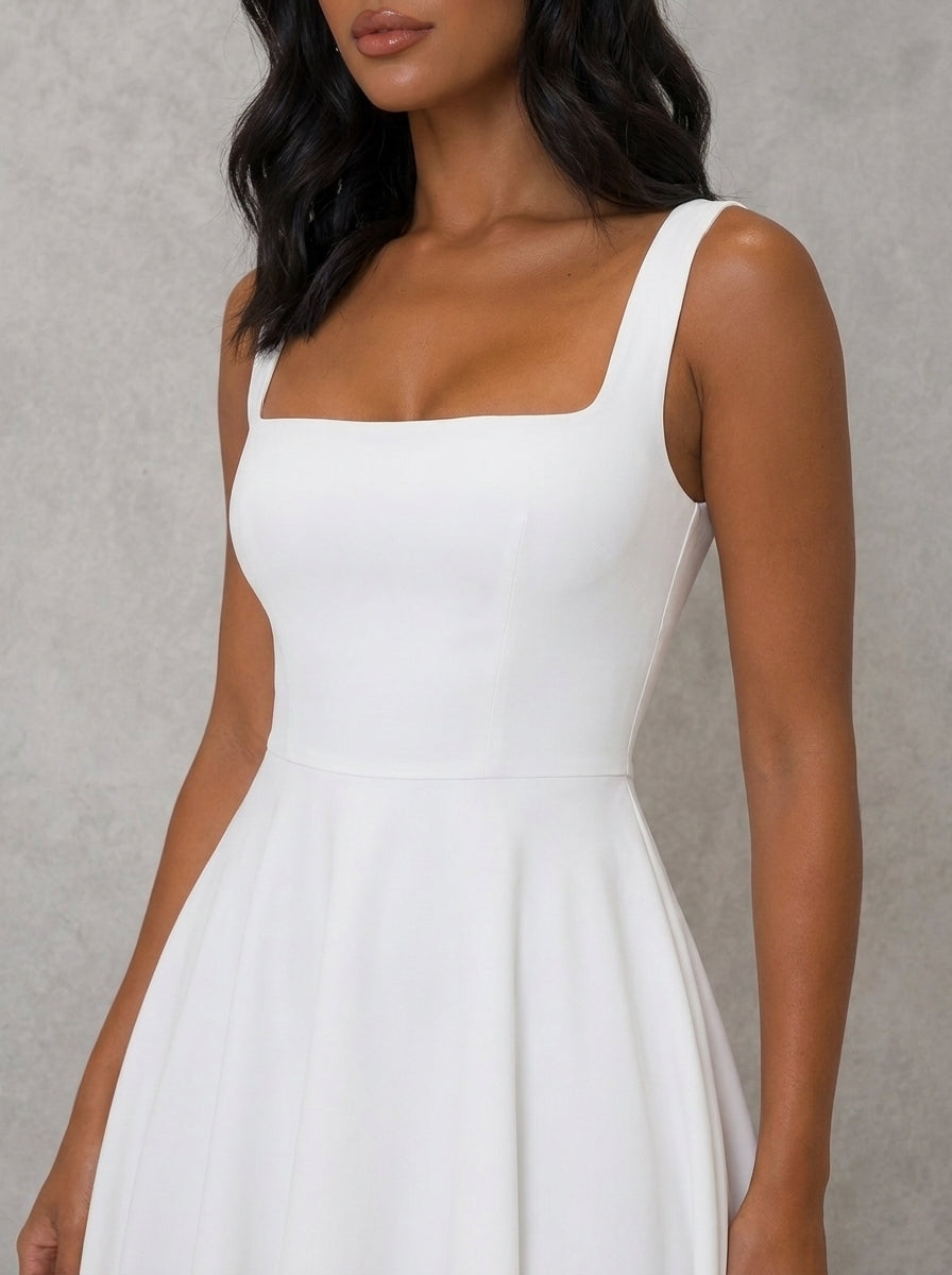 Alice Square Neck A-Line Midi Dress in White - close-up of the square neckline and fitted bodice