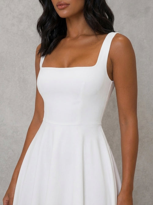 Alice Square Neck A-Line Midi Dress in White - close-up of the square neckline and fitted bodice