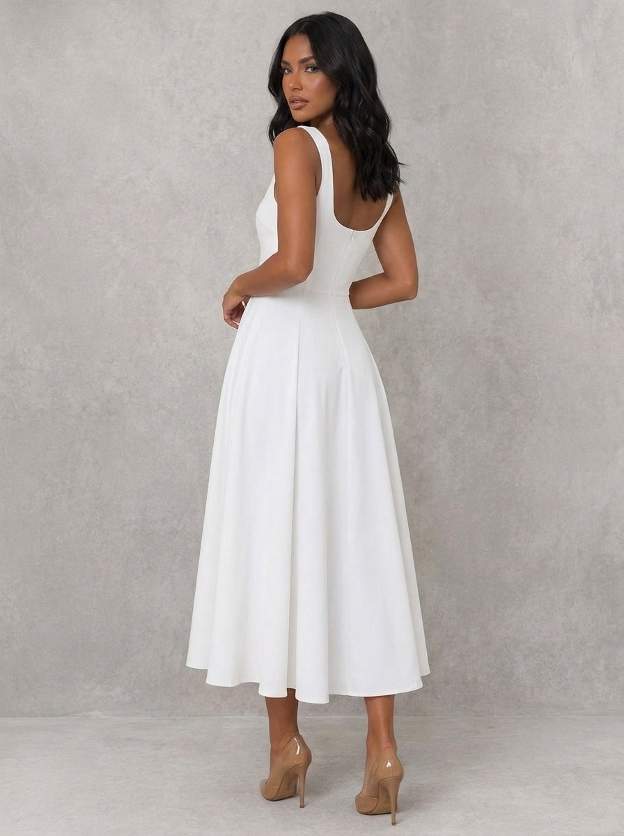 Alice Square Neck A-Line Midi Dress in White - back view