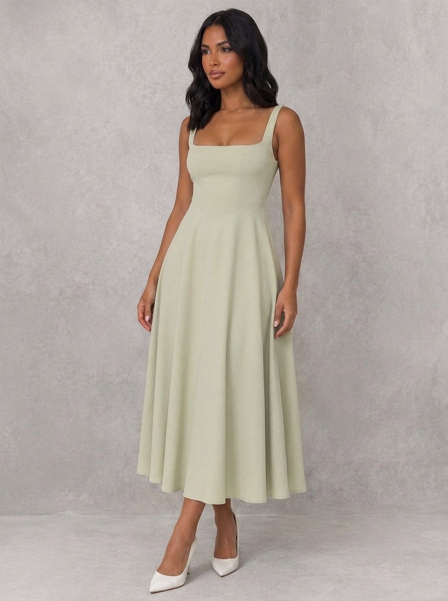 Alice Square Neck A-Line Midi Dress in Sage - full-length front view