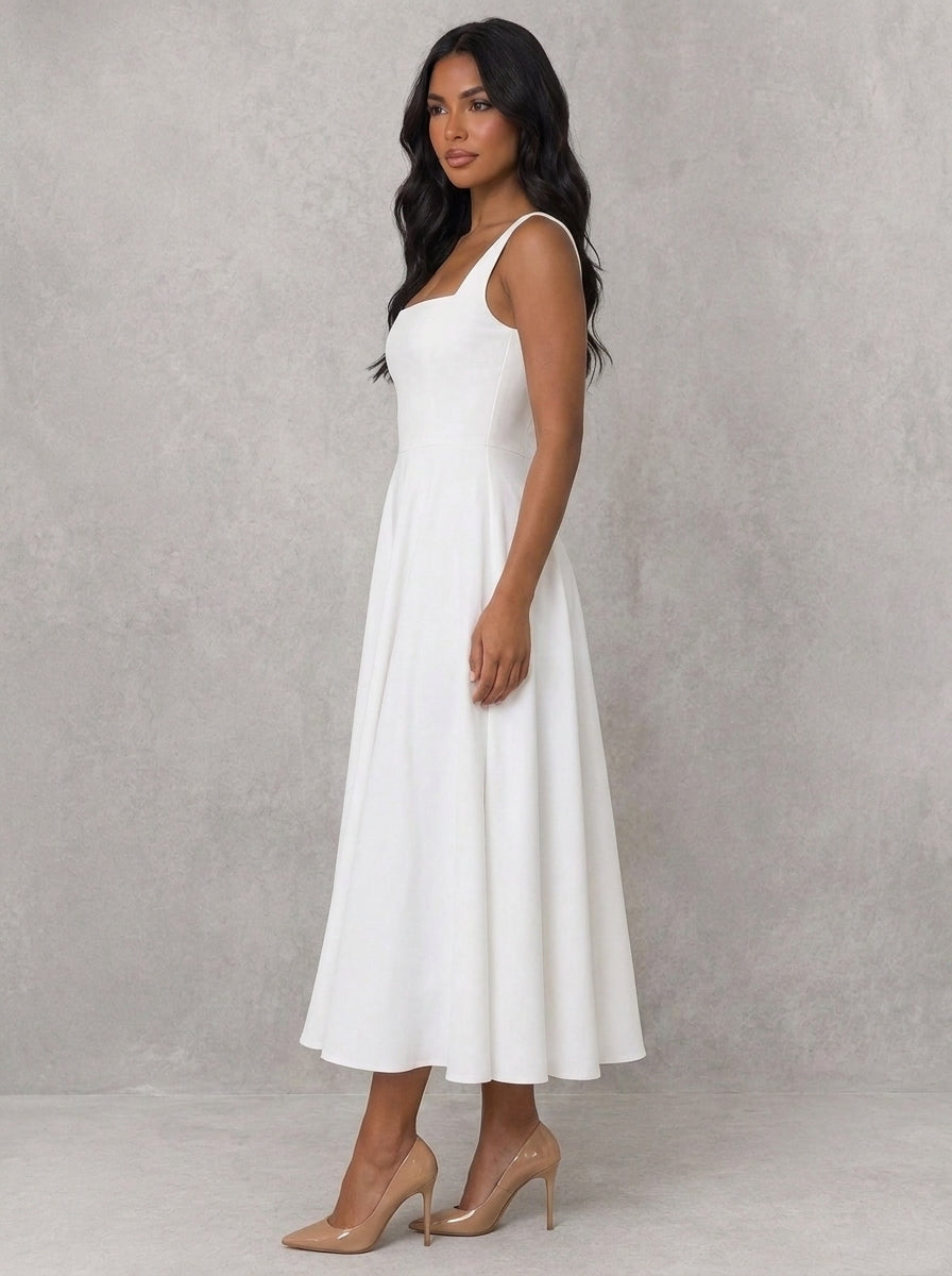 Alice Square Neck A-Line Midi Dress in White - side view showing the A-line skirt