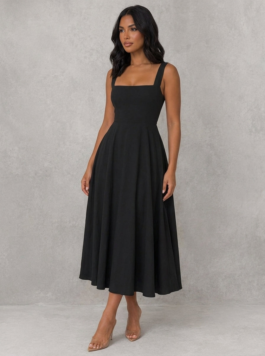 Alice Square Neck A-Line Midi Dress in Black - full-length front view